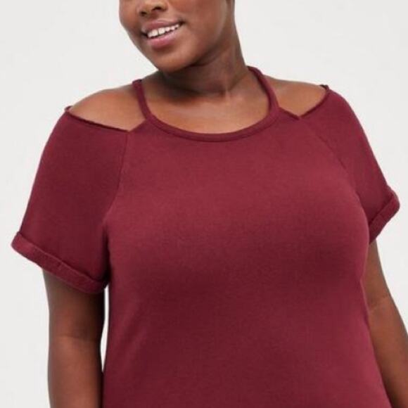 Torrid Burgundy Mini Cozy Fleece Cold Shoulder Dress - Picture 2 of 9